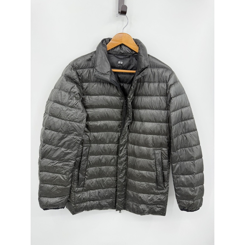Uniqlo Ultra Light Down Puffer Jacket Mens Small Grey Herringbone Print Quilted